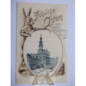Poznań, Posen, ratusz, w jajku, wielkanocna, zając, kolaż, 1900