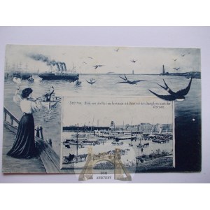 Szczecin, Stettin, przystań parowców, ozdobna, 1915