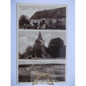 Stare Juchy k. Ełk, restauracja, kościół, panorama, ok. 1935