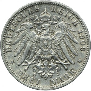 Niemcy, Wirtembergia, Wilhelm II, 3 marki 1909 F, Stuttgart