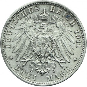 Niemcy, Wirtembergia, Wilhelm II, 3 marki 1911 F, Stuttgart
