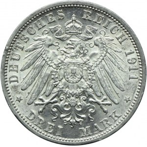 Niemcy, Badenia, Fryderyk II, 3 marki 1911 G, Karlshuhe