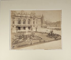 Krakow, Krieger - A flower bed near the City Theater with a statue of Al. Fredro, 1900.