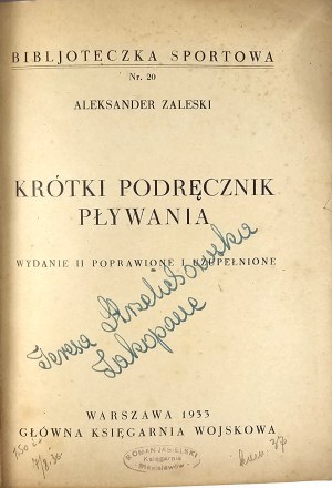 Zaleski Aleksander - Short handbook of swimming. Warsaw 1933 Główna Księg. Military.