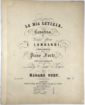 Oury Anna Caroline - La Mia Letizia Cavatina. From Verdis opera I Lombardi, ca. 1850.
