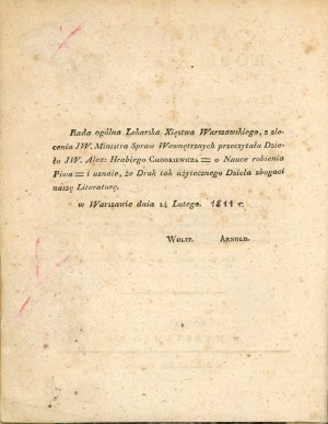 Chodkiewicz Aleksander - Nauka robienia piwa. Warszawa 1811 W Druk. XX. Piarów.