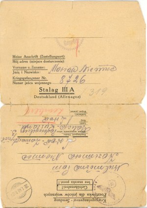 Stalag III a - Postcard for prisoners of war dated 22.1.1940.