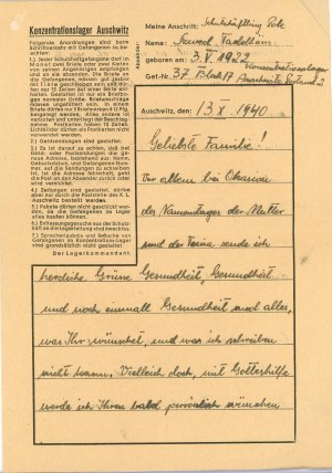 Auschwitz - Letter of a prisoner from the first transport, No. 37 (7), 19.10.1940.