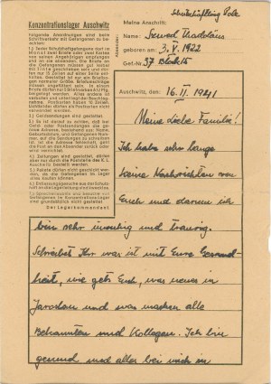 Auschwitz - Letter of a prisoner from the first transport, No. 37 (7), 16.2.1941.
