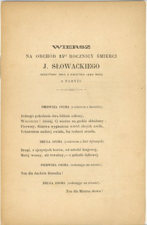 [Juliusz Słowacki] Hertel Maksymilian - Poem read on April 3, 1884, at the celebration of the 35th anniversary of the death of J. Słowacki organized through the efforts of the Association of Former. Students of the Polish National School in Paris. Paris 1