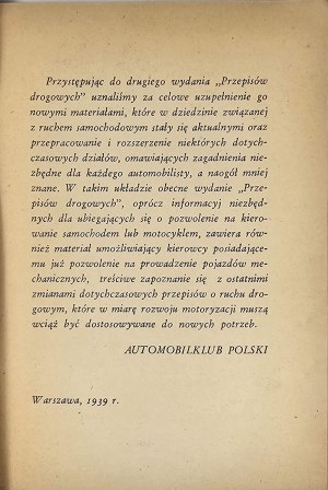 Traffic regulations. Second edition. Warsaw 1939 Automobilklub Polski.