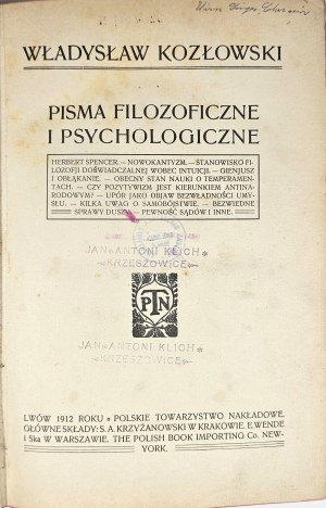 Kozlowski Wladyslaw - Pisma filozoficzne i psychologiczne. Lviv 1912 Polskie Towarzystwo Nakładowe. Binding by Robert Jahoda.