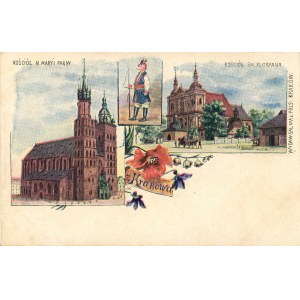 Kraków - Litografia - Kościół N. Maryi Panny, Kościół św. Floryana, ok. 1900.