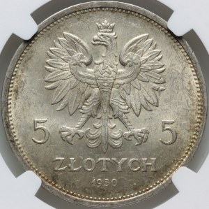 II RP, 5 złotych 1930, Warszawa, Sztandar, STEMPEL GŁĘBOKI