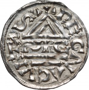 Germania, Baviera, Enrico II il cavatore 985-995, denario, Regensburg, SIC minster