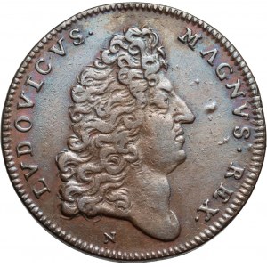 Ludwik XIV, Jan III Sobieski, żeton bez daty (1675/6) N, Montpellier, nadanie Janowi III Sobieskiemu Orderów Św. Michała i Ducha Świętego