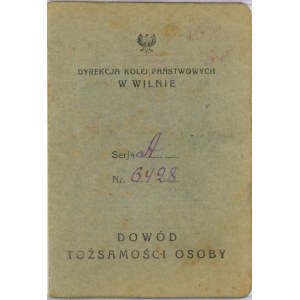 Dowód tożsamości, Dyrekcja Kolei Państwowych w Wilnie, 1926.