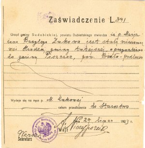 Osvedčenie o pobyte, obec Sudobička, okres Dubiensky, 1923.
