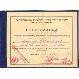 Legitymacja, Dyrekcja Poczt i Telegrafów na Okręg Lwowski, 1922.