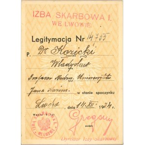 Legitymacja, Izba Skarbowa I. we Lwowie, 1934.