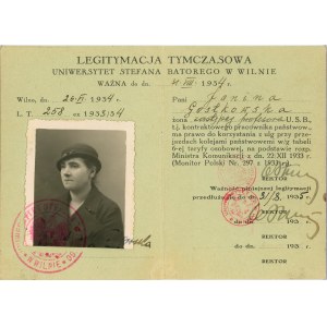 Legitymacja tymczasowa Uniwersytetu Stefana Batorego w Wilnie, 1934.