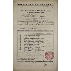 Politechnika Lwowska. Wydział Chemiczny - Świadectwo egzaminu ogólnego (Pierwszy Egzamin Państwowy).