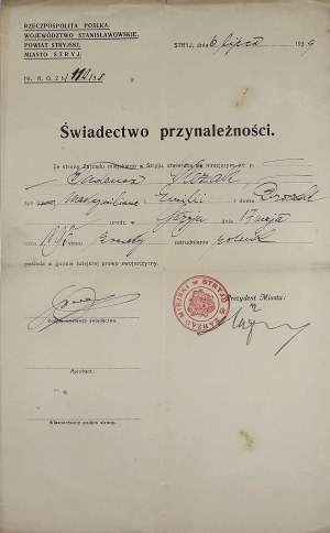 Certificate of belonging, right of peculiarity. Stanislavl Province, city of Stryj 1939.