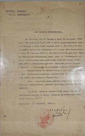 Act of Granting Citizenship. Voivode of Volyn, Lutsk 1927.