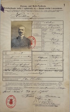 Magistrat Stoł. Król. Miasta Krakowa - Persons- und Melde-Nacheis. Potwierdzenie osoby i zgłoszenia się. Kraków, 1916 r.