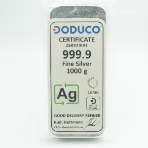 Sztabka srebra próby 999, firma Doduco (Grupa Saxonia - Pforzheim, Niemcy), 1000 g