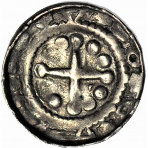Cross denarius 11th century, cross with spheres/crosses