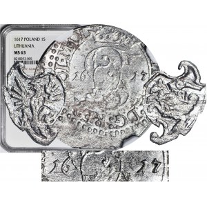 RRR-, Zygmunt III Waza, Szeląg 1617, Wilno, pełna data, LIT, TARCZE WYGIĘTE, R7