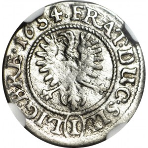 RR-, Śląsk, Trzech Braci, 1 krajcar 1654, Brzeg, rzadki typ odmiennego wizerunku orła