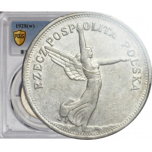 5 złotych 1928 Nike, ze znakiem, Warszawa, bardzo ładne