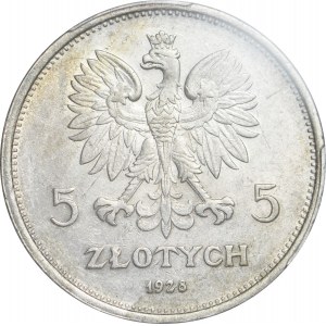 5 złotych 1928 Nike, ze znakiem, Warszawa, bardzo ładne