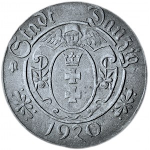 RRR-, Gdańsk, 10 fenigów 1920, 60 perełek, SZEROKA TARCZA