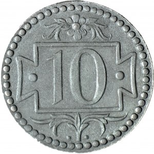 RRR-, Gdańsk, 10 fenigów 1920, 55 perełek, 55.6/16, WĄSKA TARCZA, awers odmiany 60 perełek