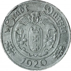 RRR-, Gdańsk, 10 fenigów 1920, 55 perełek, 55.6/16, WĄSKA TARCZA, awers odmiany 60 perełek