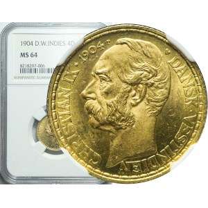 Dania, Duńskie Indie Zachodnie, Chrystian IX, 20 franków / 4 daler 1904, Kopenhaga, piękne