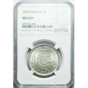 Portugalia, Macao, 5 pataca 1952, piękne