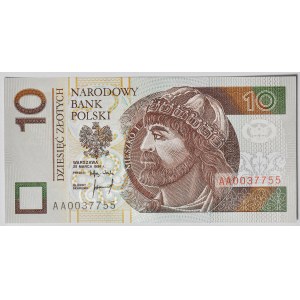 10 złotych 1994, druk TDLR Londyn, AA 0037755, dwa zera na początku