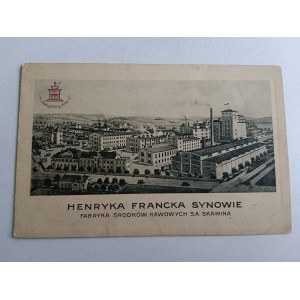 POCZTÓWKA SKAWINA KRAKÓW, HENRYKA FRANCKA SYNOWIE FABRYKA ŚRODKÓW KAWOWYCH PRZEDWOJENNA