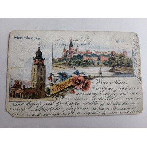 POSTCARD KRAKOW WAWEL LITHOGRAPH, LONG ADDRESS, STAMP STAMP, PRE-WAR
