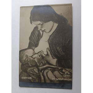 POSTCARD POLISH PAINTING WYSPIAŃSKI, MOTHER, PRE-WAR 1908, STAMP, STAMPED