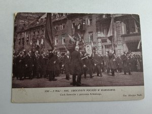 POSTCARD WARSAW, CEREMONIAL PARADE MAY 3, 1916, SHOEMAKERS GUILD WITH PORTRAIT OF KILIŃSKI, PHOTO MARJAN FUKS, PRE-WAR