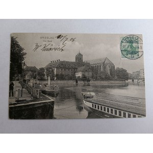 POCZTÓWKA WROCŁAW, BRESLAU, ZNACZEK STEMPEL, STATEK, 1906 R