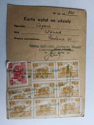 COMMUNAL COOPERATIVE SHARE PAYMENT CARD, RACŁAWICE, COMMUNAL PEASANT SELF-HELP COOPERATIVE, LOW, STALOWA WOLA, STAMPS