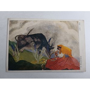 POSTCARD POLISH PAINTING STRYJEŃSKA SUMMER, COW, PRE-WAR