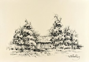 Wiktor ZIN (1925-2007), Pejzaż wiejski z chatą