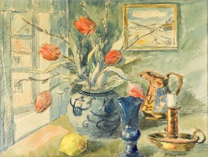 Stanislaw BORYSOWSKI (1906-1988), Still life with a landscape painting in the background